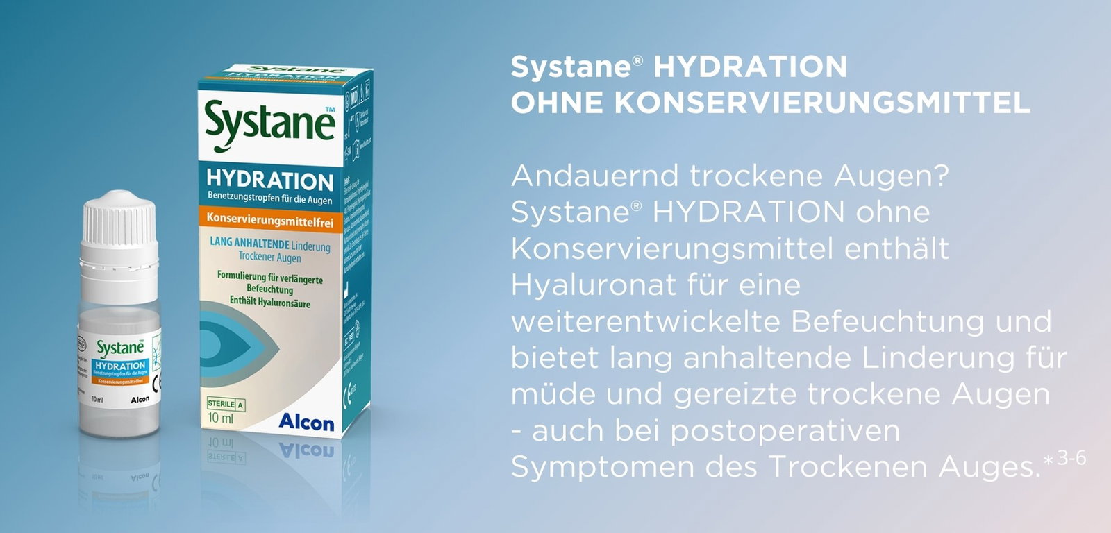 Zu sehen ist die Packung von Systane Hydration Benetzungstropfen für die Augen von Alcon.